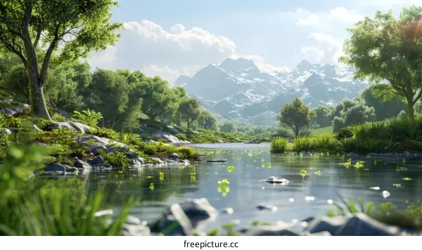 Lush Green Mountain Stream in a Peaceful Valley