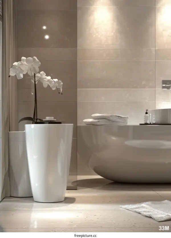 Orchid flower in a ceramic vase near bathtub in bathroom