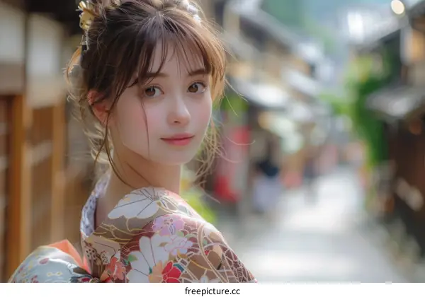 Asian Woman in Traditional Japanese Kimono in Street