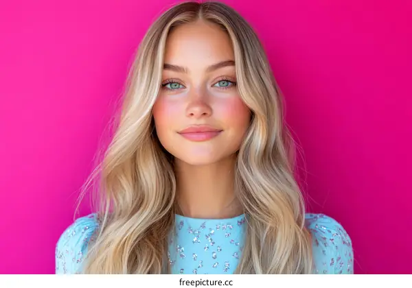 Blond Woman Portrait Against a Hot Pink Background