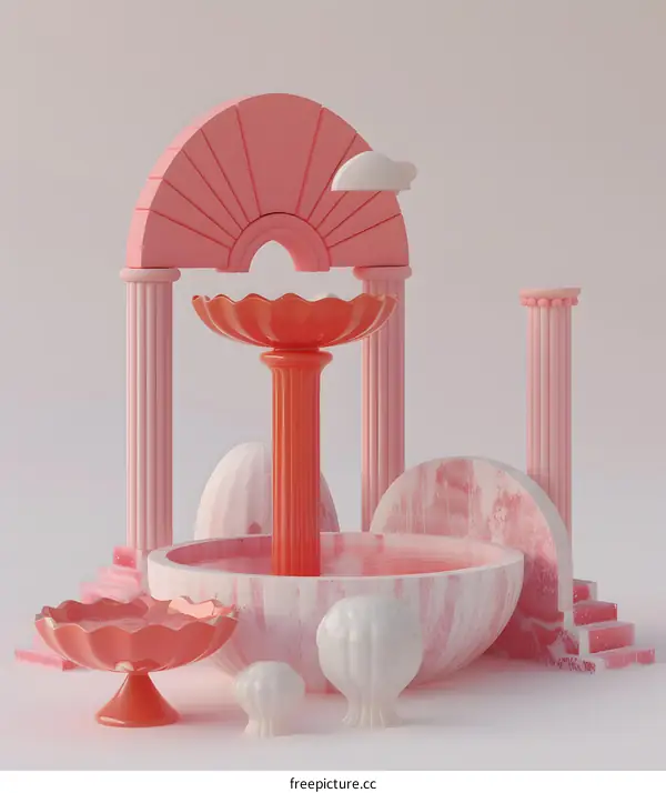 Pink and White 3D Render of a Fountain with Columns