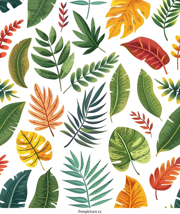 Tropical Leaves Seamless Pattern White Background