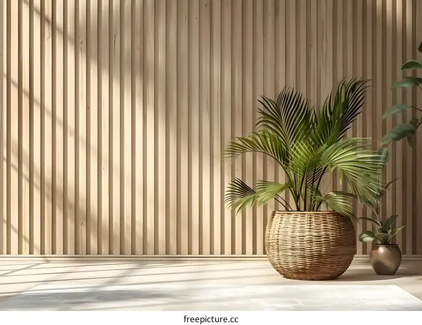 Minimalist Interior Design with Wood Wall and Plants