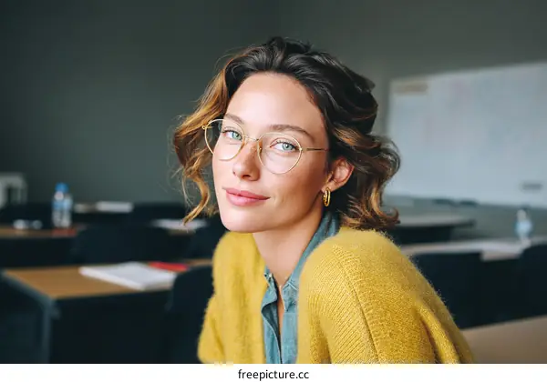 Confident Woman in a Mustard Yellow Cardigan