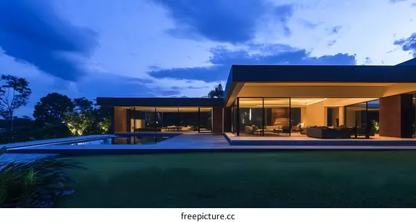 Modern House with Swimming Pool and Garden at Dusk