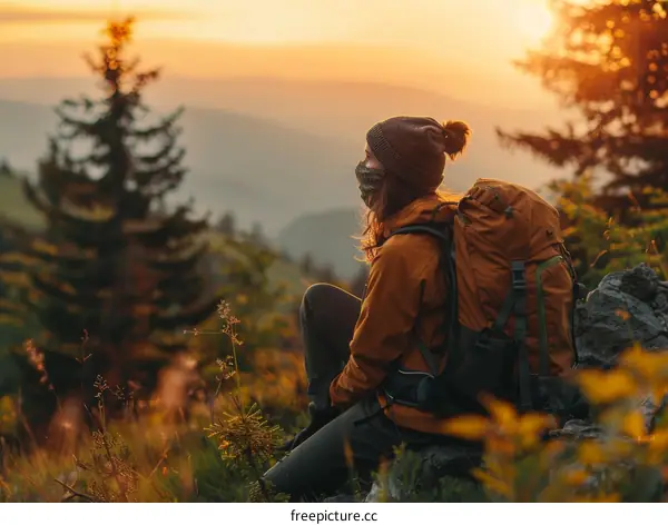 Young woman with mask sitting on the rock in the mountains and enjoying sunset