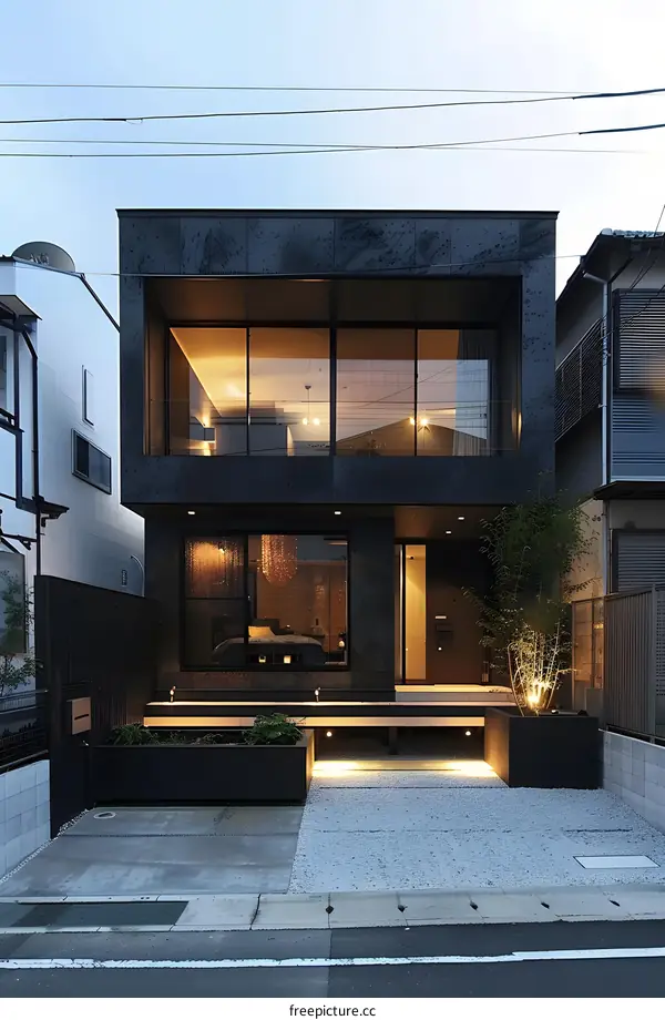 Modern Black House Exterior with Large Windows and Gravel Driveway