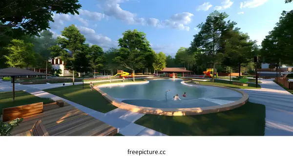 Summer Outdoor Pool and Playground Design for Kids