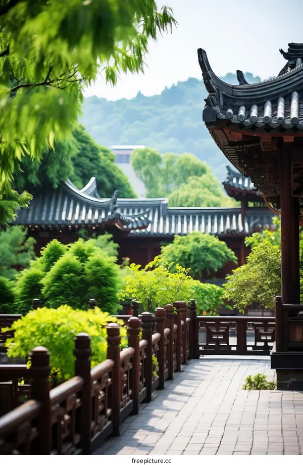 Chinese Courtyard with Traditional Architecture and Lush Gardens