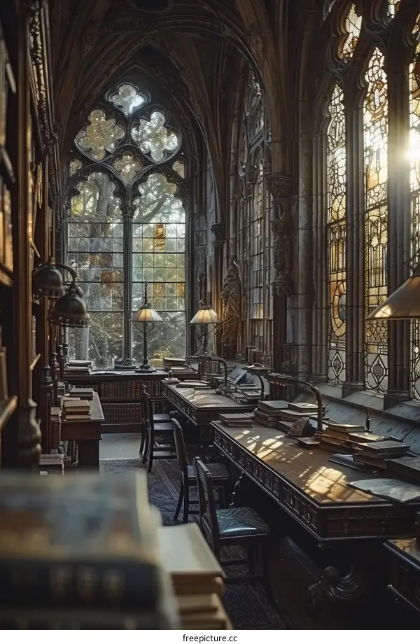 ornate gothic library interior with large windows