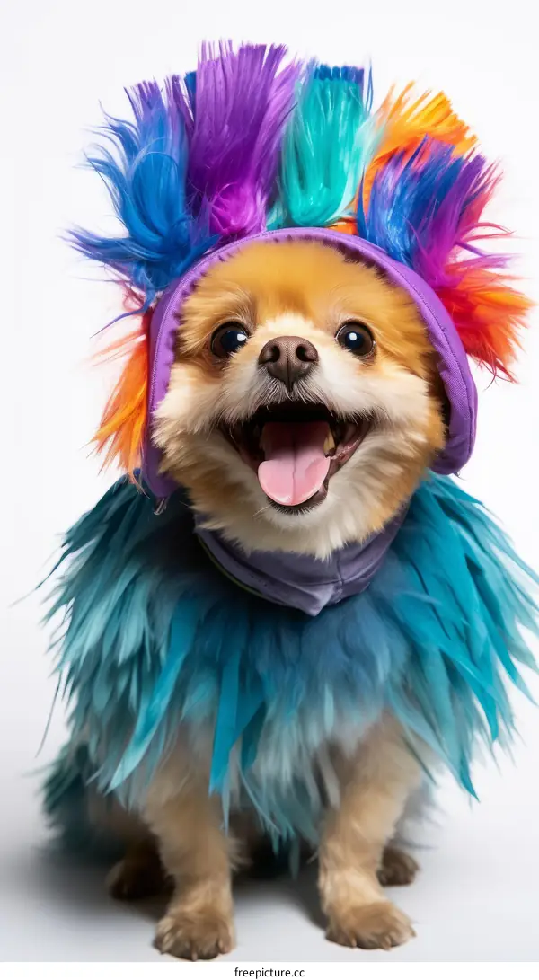 A happy dog wearing a colorful costume
