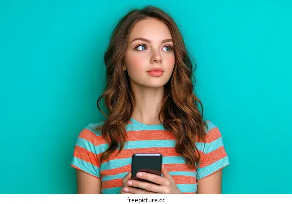 Teenage Girl with Smartphone Against Turquoise Background