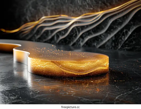 Golden podium with particles and dark background