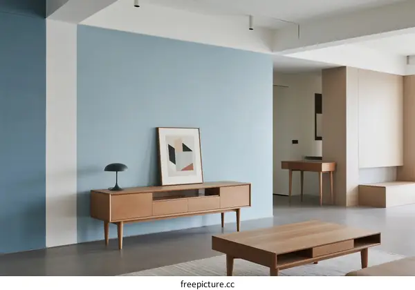 Modern minimalist living room with light blue wall and wooden furniture