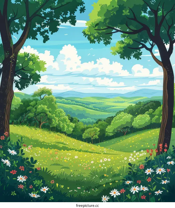 Rolling Green Hills and Blue Sky with Clouds