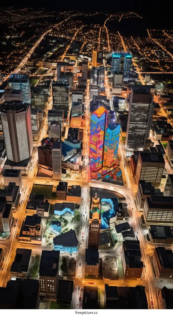 A vibrant cityscape with colorful illuminated skyscrapers at night