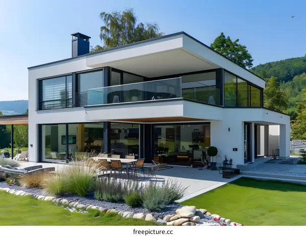 Modern Home with Large Windows and Balcony