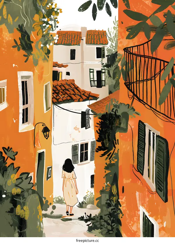 Woman Walking Through European Alleyway
