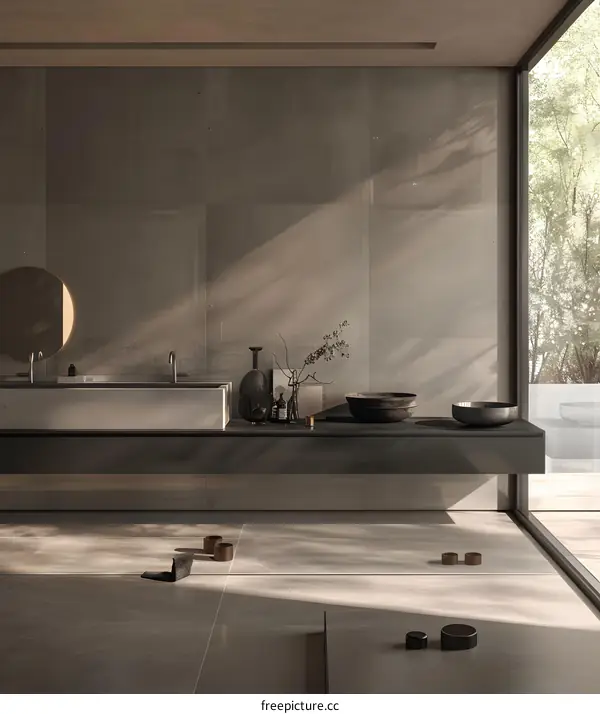 Minimalist Bathroom Interior Design with Grey Tiles and Large Window