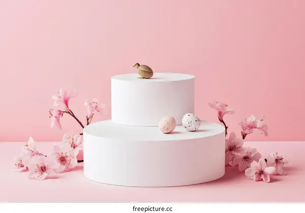 Pink Background Easter Display with Eggs and Bird