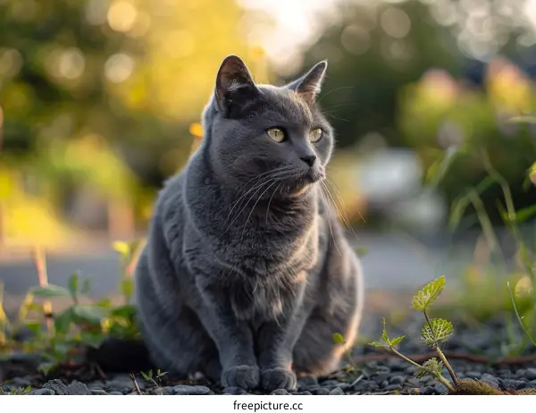 A gray cat is sitting on the ground outside in the sunshine