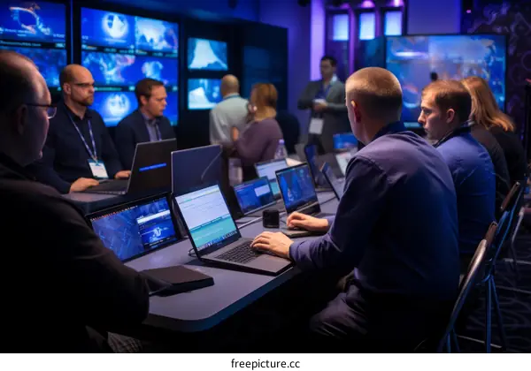 A group of people are sitting around a table in a dark room. They are all looking at their laptops.