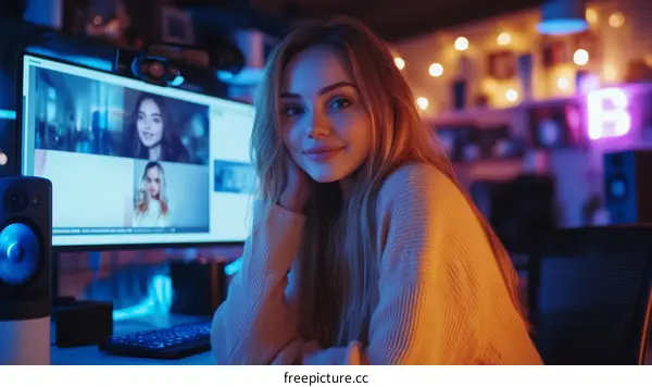 Woman Working at Home Office with Computer Screens
