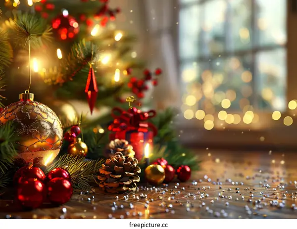 Christmas Tree with Red and Gold Ornaments and a Candle