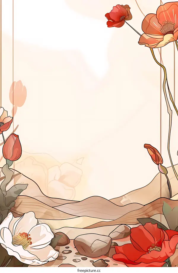 Abstract Floral Illustration with Red Flowers and White Flower on Beige Background