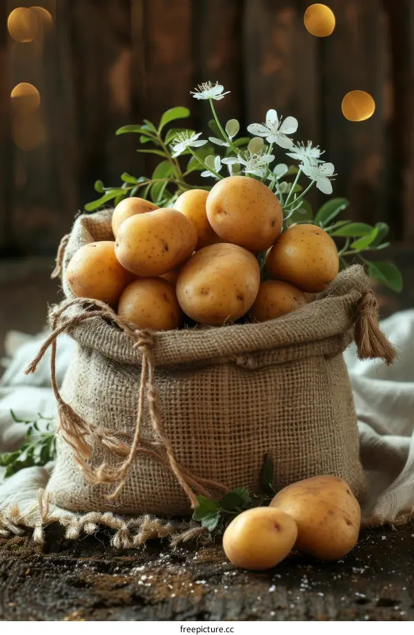 sack of potatoes with white flowers