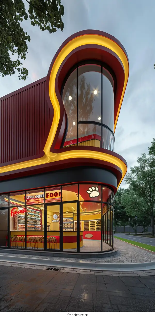 A modern commercial building with a curved glass window and a yellow awning