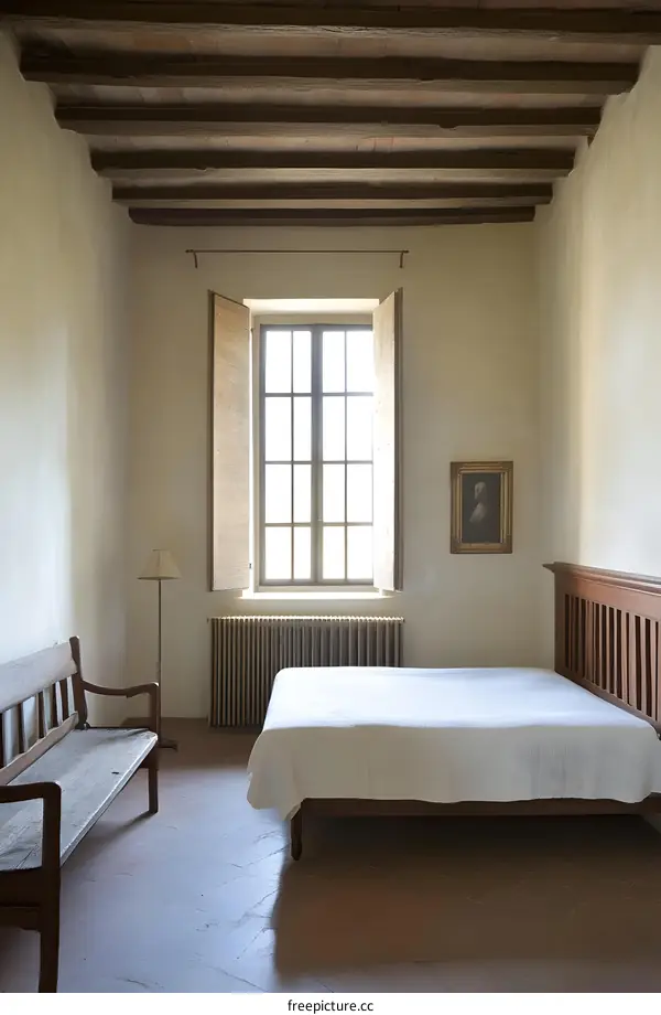 Simple Minimalist Bedroom Interior Design with Wooden Beams Ceiling