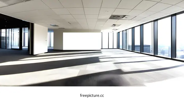Empty Modern Office Room With Big Windows and Blank Wall