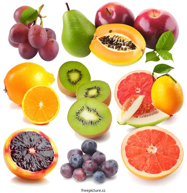 Assortment of Fresh and Colorful Fruits on White Background