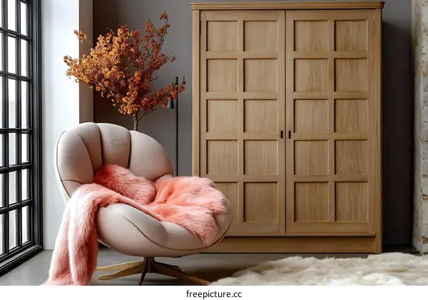 Modern Living Room with Pink Accent Chair and Oak Wardrobe