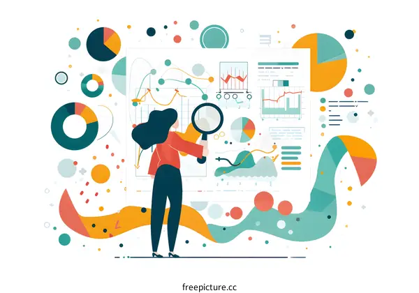 Business Woman Analyzing Data and Charts with Magnifying Glass