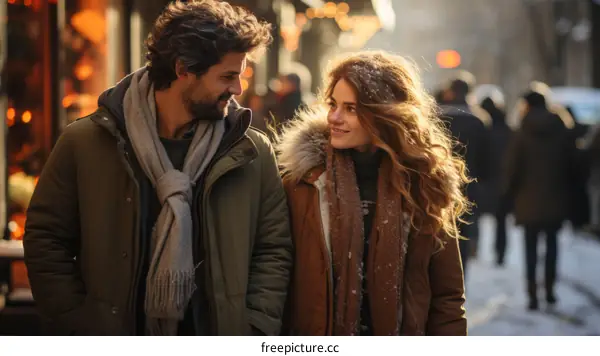 A man and a woman are walking down a snowy street