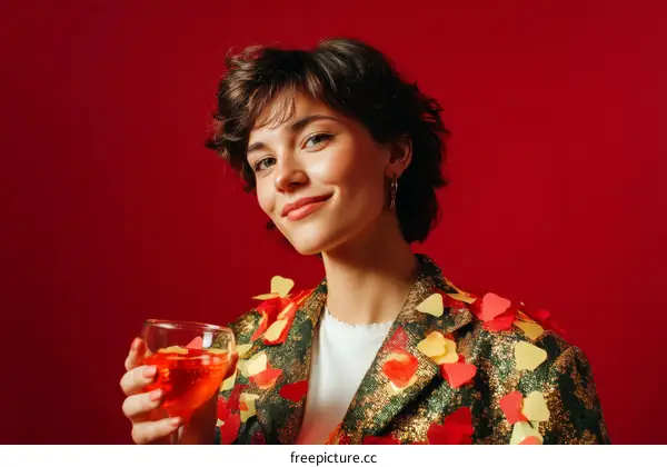 Woman with Colorful Heart-Shaped Jacket and Drink against Red Background