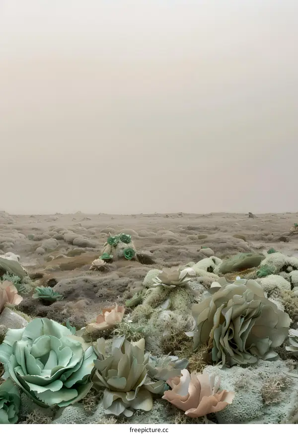 Abstract Green Flowers in a Foggy Landscape