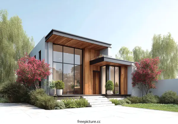 Modern House Exterior with Large Windows and Wood Accents