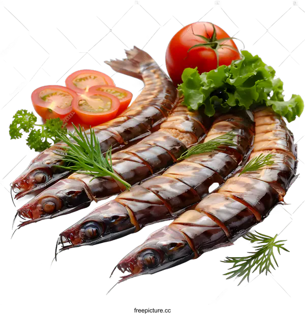 [Transparent Background PNG]Smoked fish with vegetables on white background