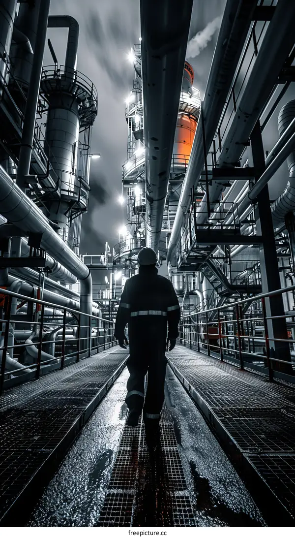 Oil and gas worker walking through an industrial refinery