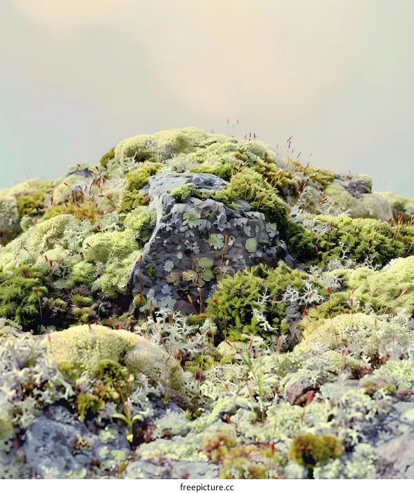 Close Up of Green Moss and Lichen on Rock