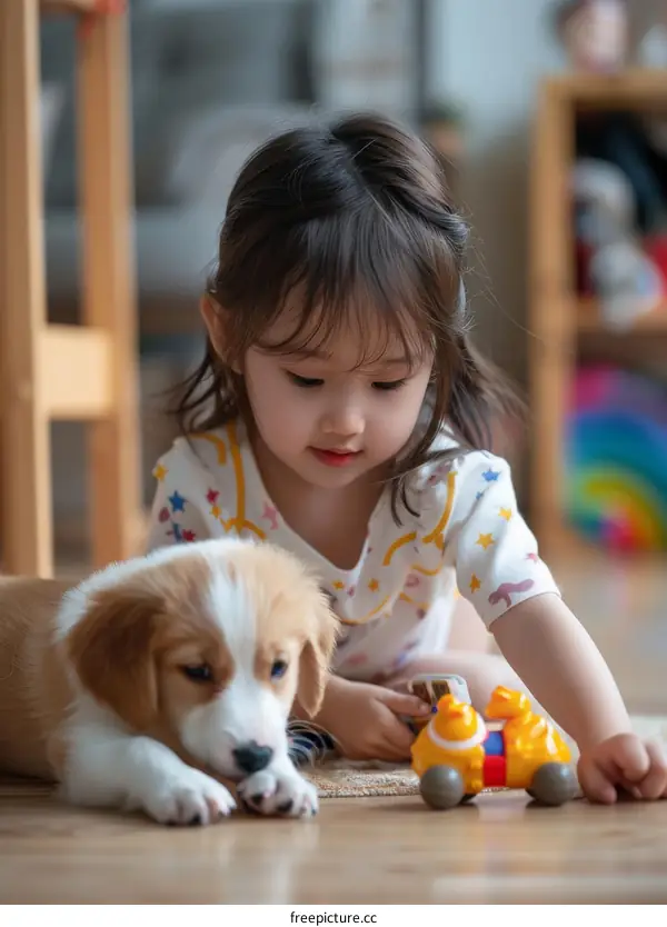 Asian toddler girl playing with a puppy