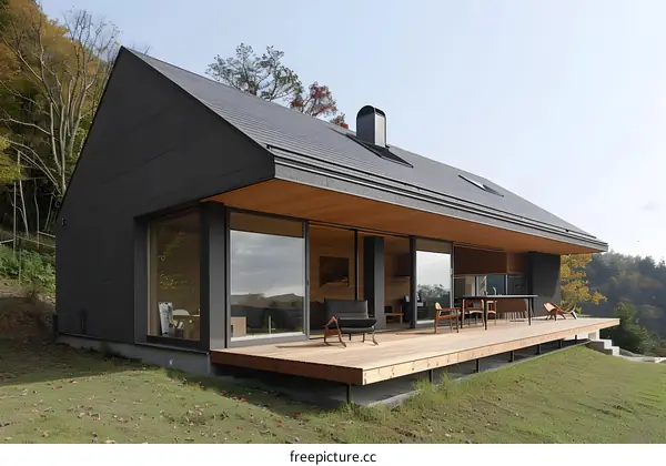 Modern Black House with Wooden Deck and Large Windows