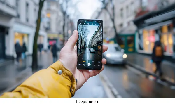 Person Holding Phone Taking Picture Of City Street