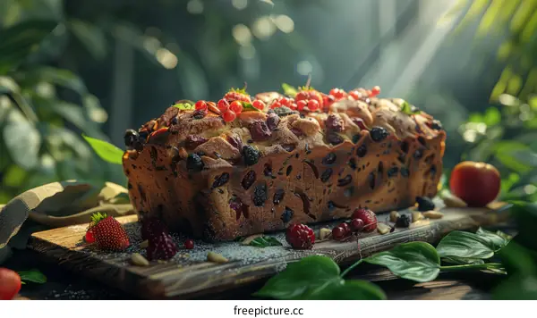 Close-up of a delicious fruitcake with fresh berries on a wooden table