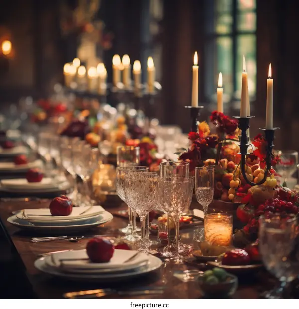 A long wooden table set with a variety of food and decorations