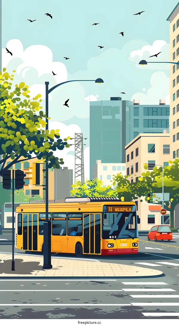 Yellow Bus on City Street Illustration