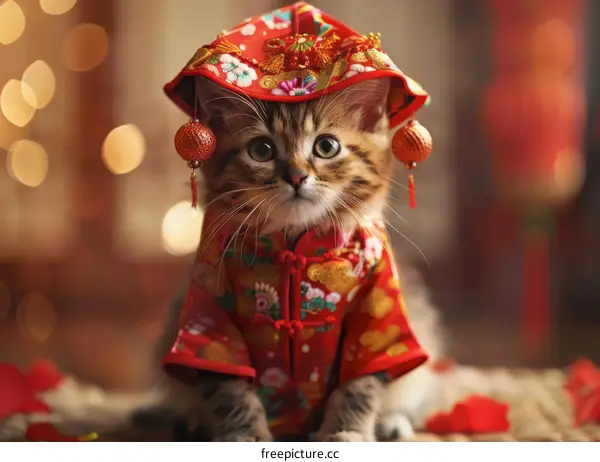 A cute kitten wearing a traditional Chinese outfit